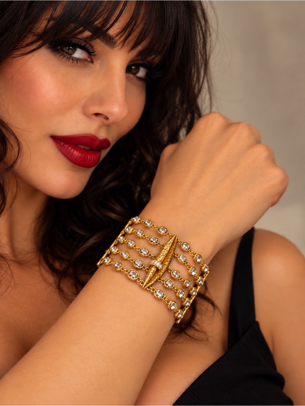 Gold Multi-Row Crystal Chain Bracelet with Lip Accent
